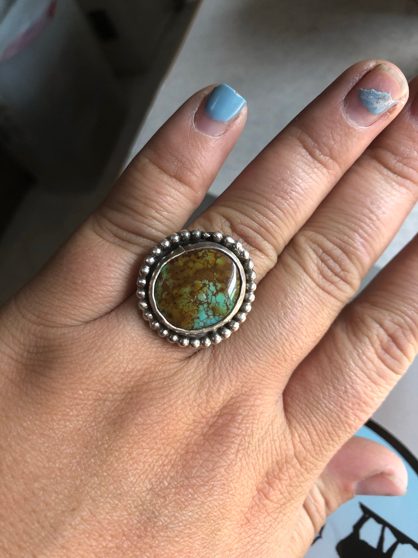 8US Torri Royston Turquoise Sterling Silver Ring with Pattern Band