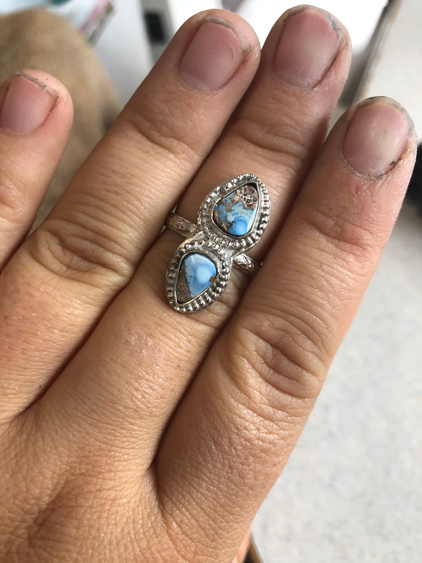 8US Double Golden Hill Turquoise w/ Pattern Band Sterling Silver Ring