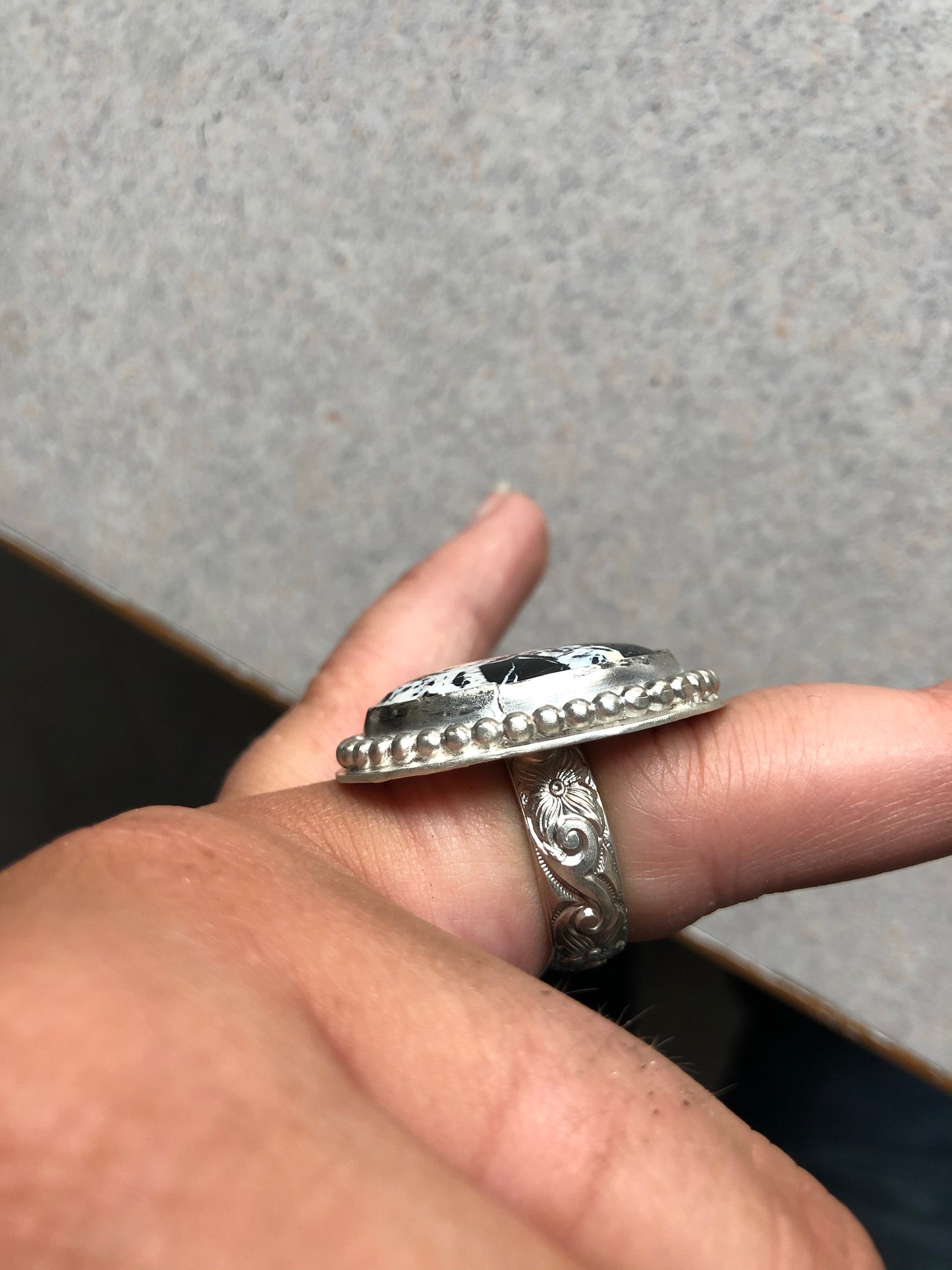 8US Jamie White Buffalo Turquoise w/ Pattern Band Sterling Silver Ring