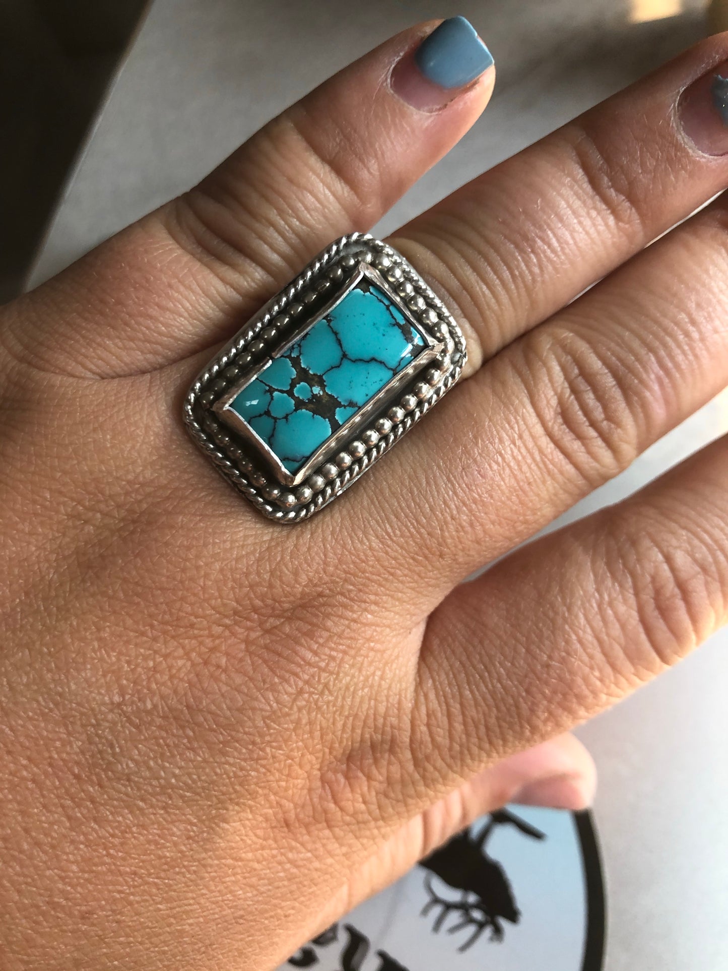 8US Hubei Turquoise w/ Double Band Sterling Silver Ring