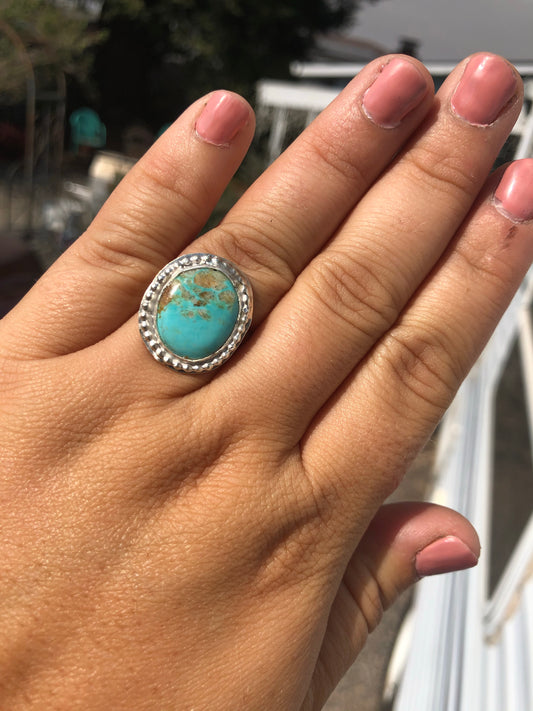 9US Benny Baja Turquoise w/ Pattern Band Sterling Silver Ring