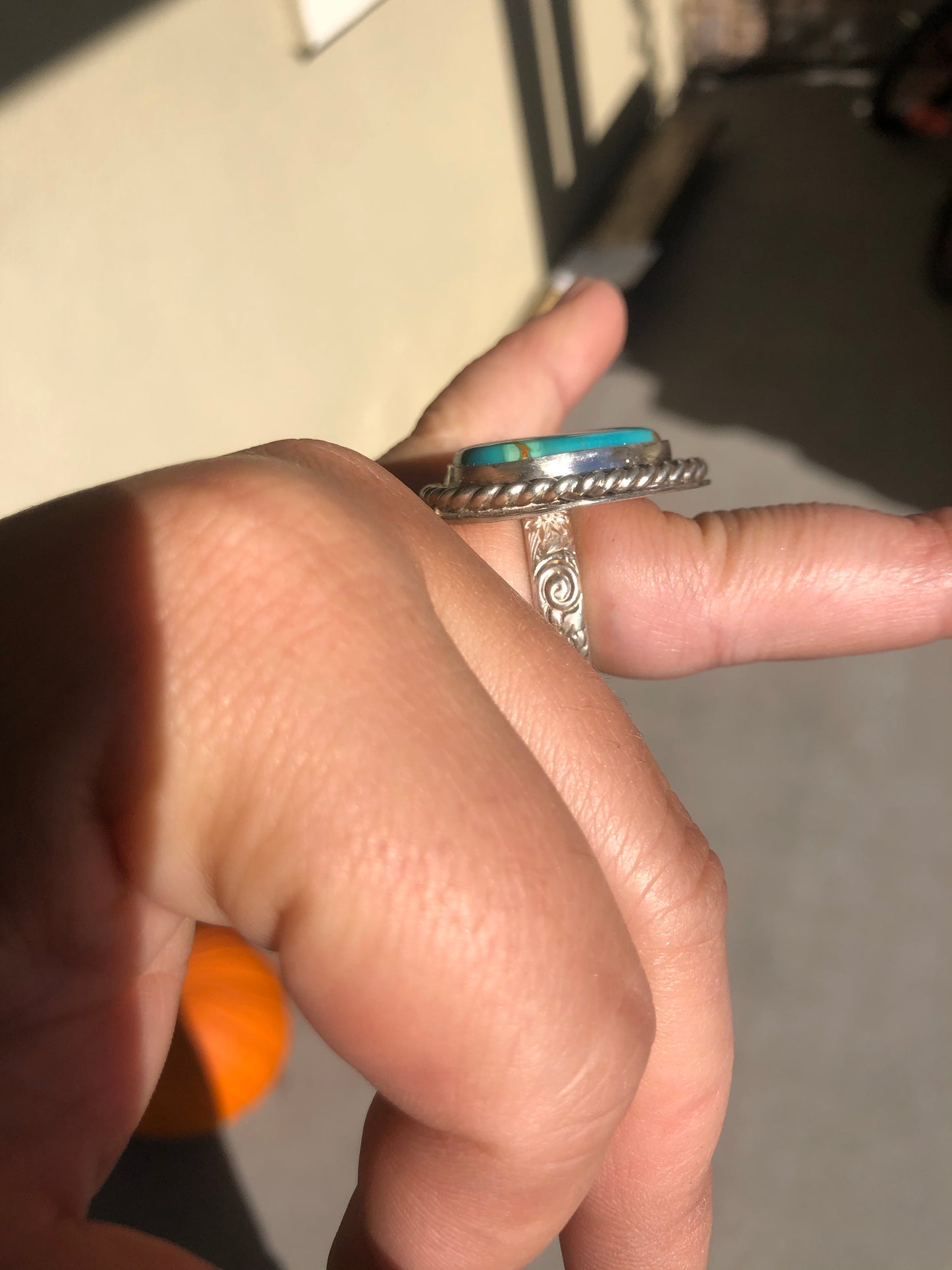 8US Kari Royston Turquoise w/ Rainy Band Sterling Silver Ring