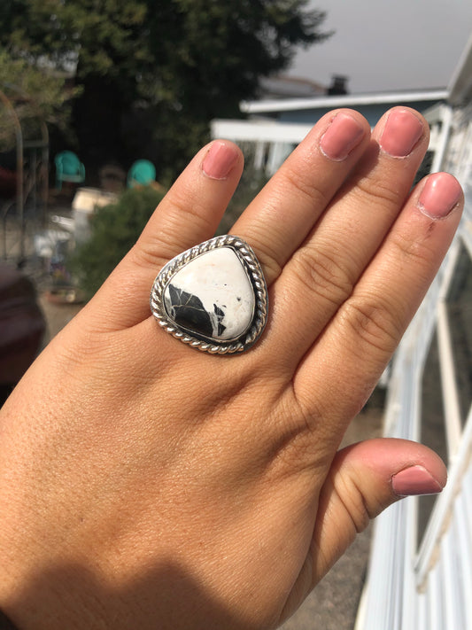 8.5US Mandy White Buffalo Turquoise w/ Pattern Band Sterling Silver Ring