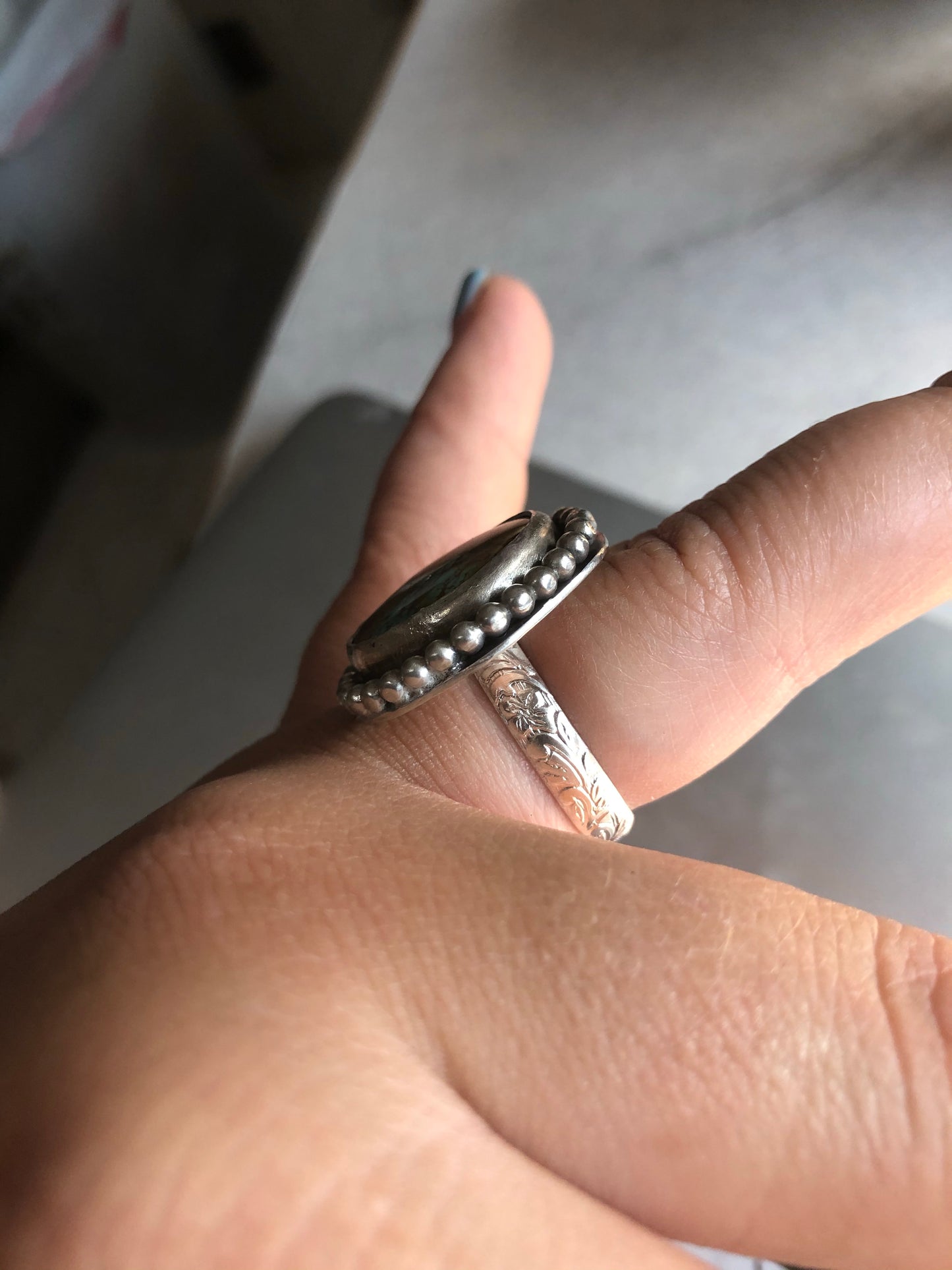 8US Torri Royston Turquoise Sterling Silver Ring with Pattern Band