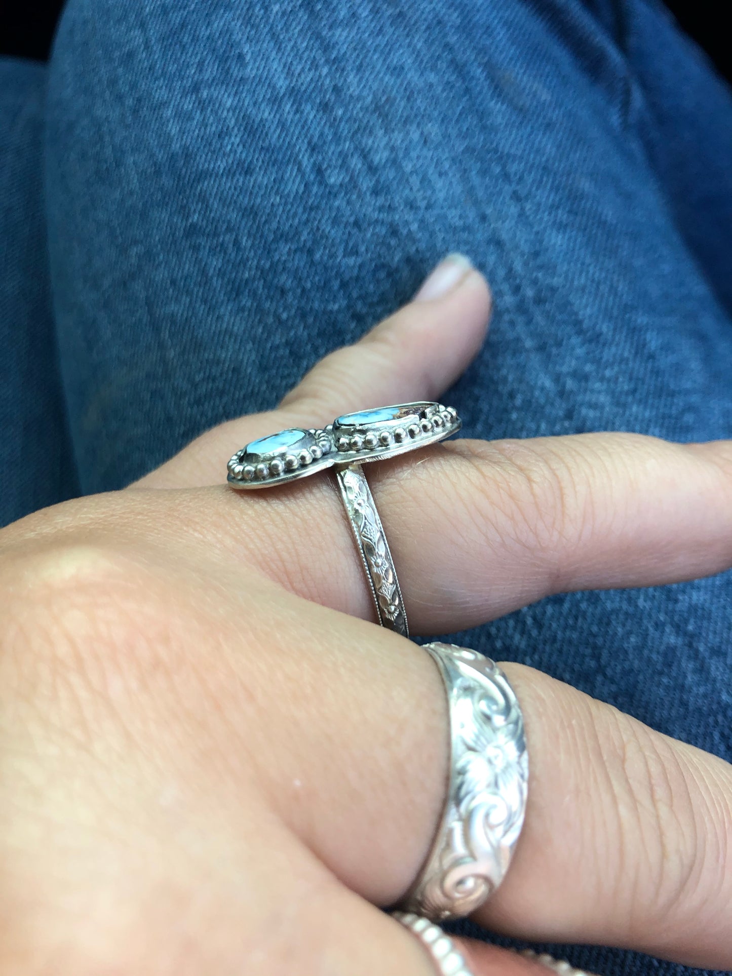 9US Amelia Double GoldenHill Turquoise w/ Pattern Band Sterling Silver Ring