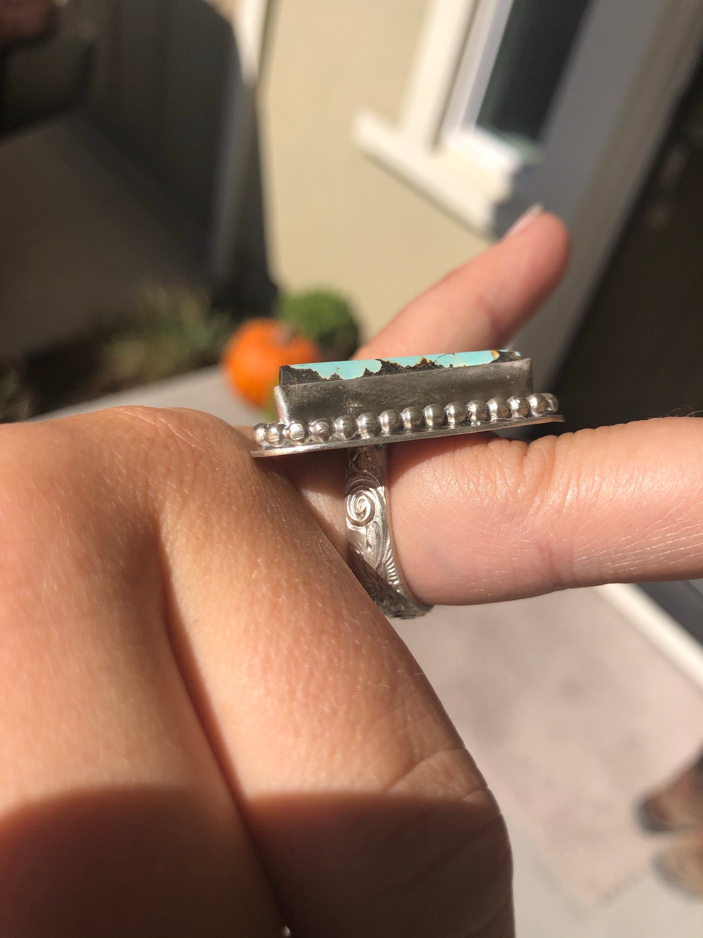 9US Thelma Hubei Turquoise w/ Pattern Band Sterling Silver Ring