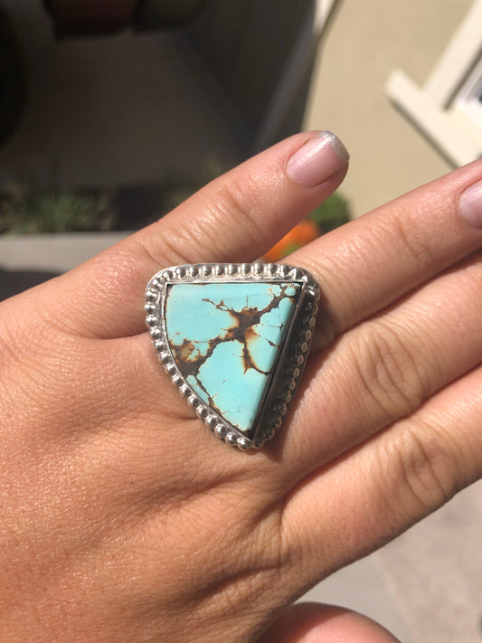9US Thelma Hubei Turquoise w/ Pattern Band Sterling Silver Ring