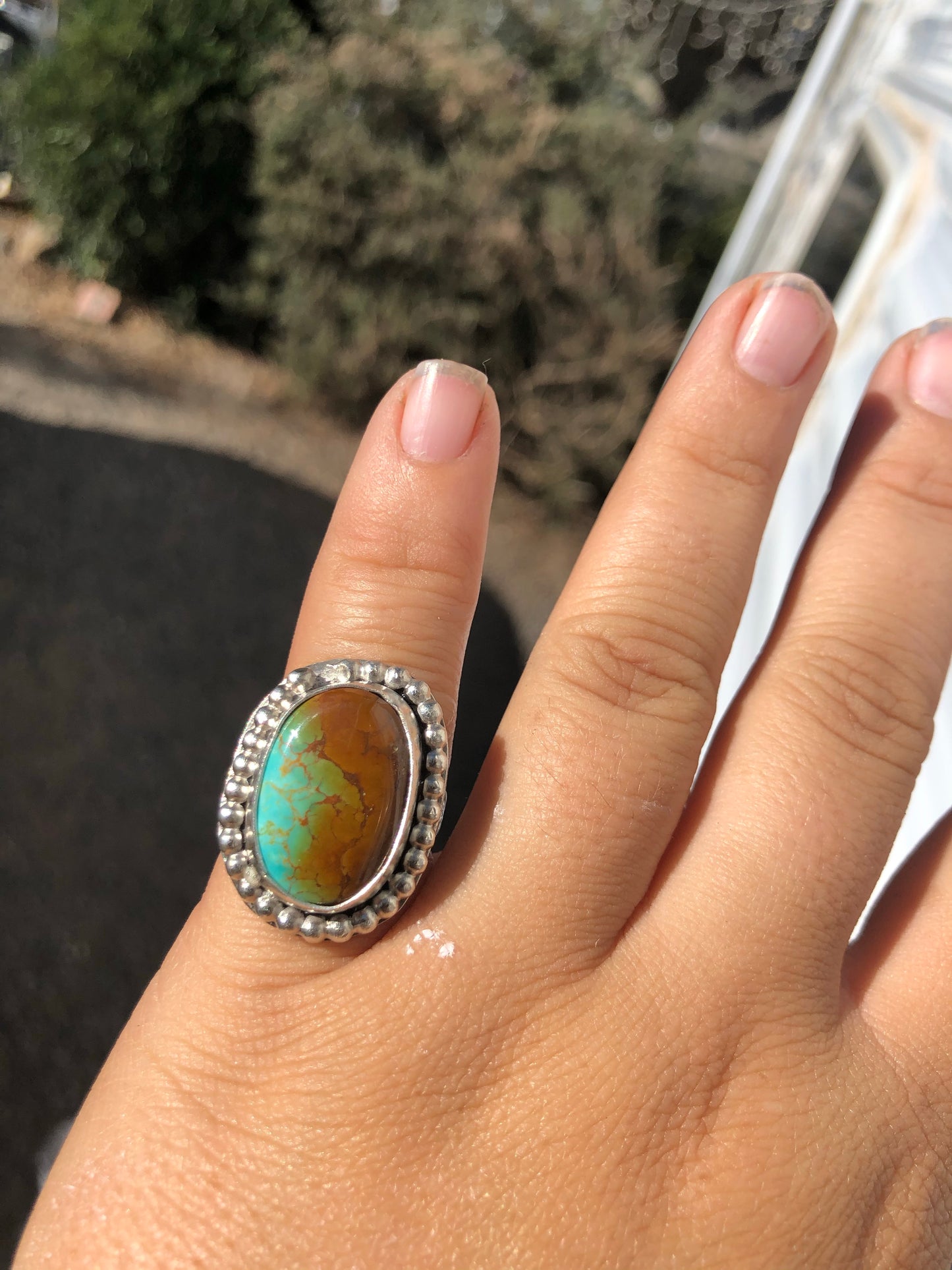 7US Birdie Royston Turquoise w/ Pattern Band Sterling Silver Ring