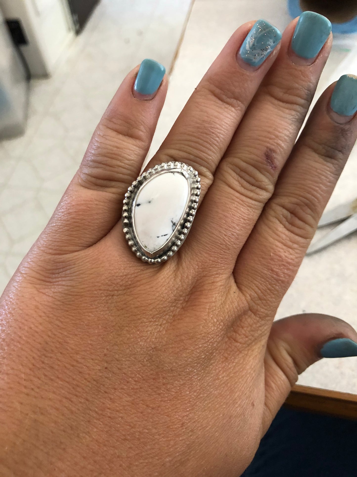 8US Poppy White Buffalo Turquoise w/ Pattern Band Sterling Silver Ring