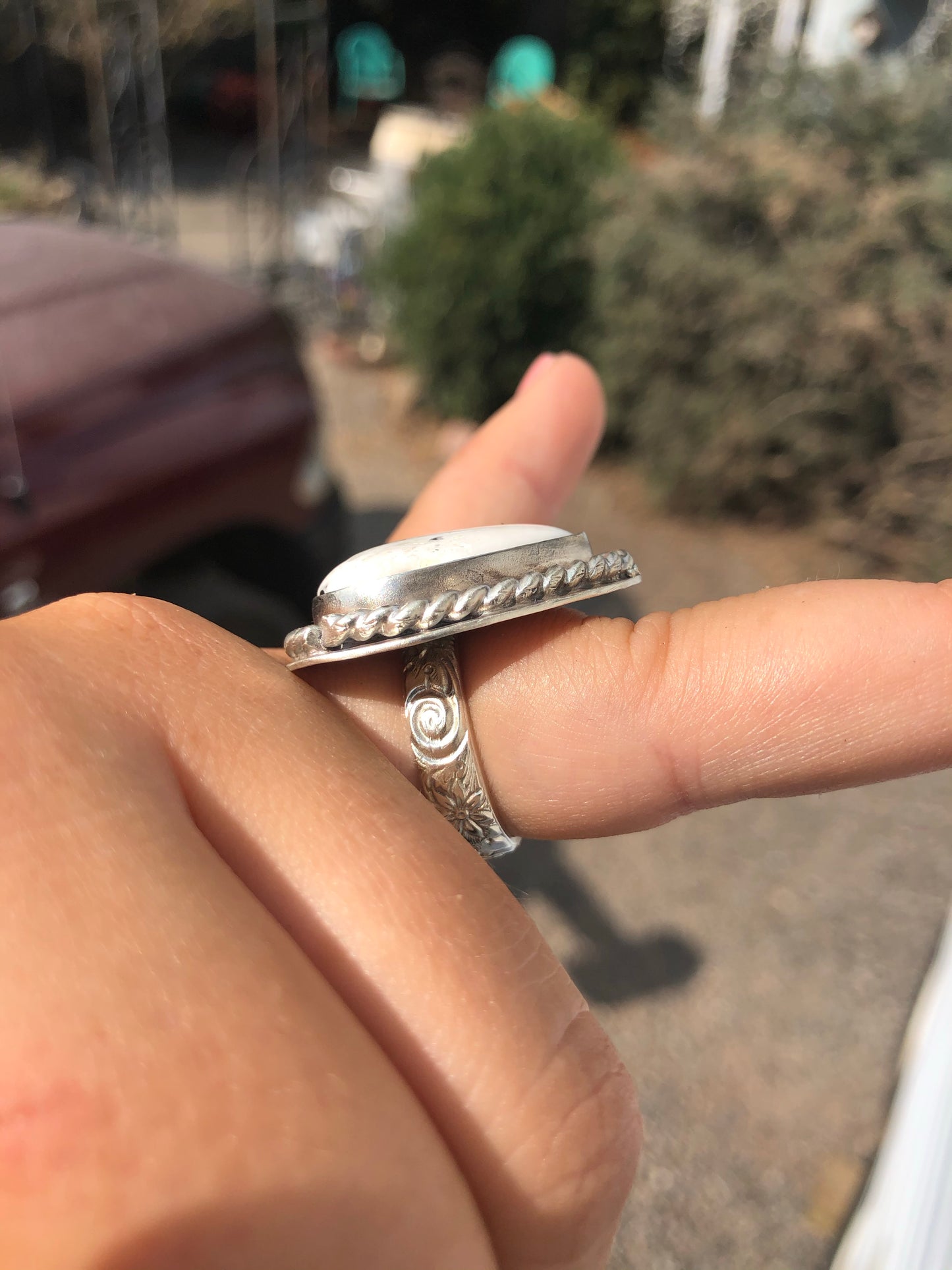 8.5US Mandy White Buffalo Turquoise w/ Pattern Band Sterling Silver Ring