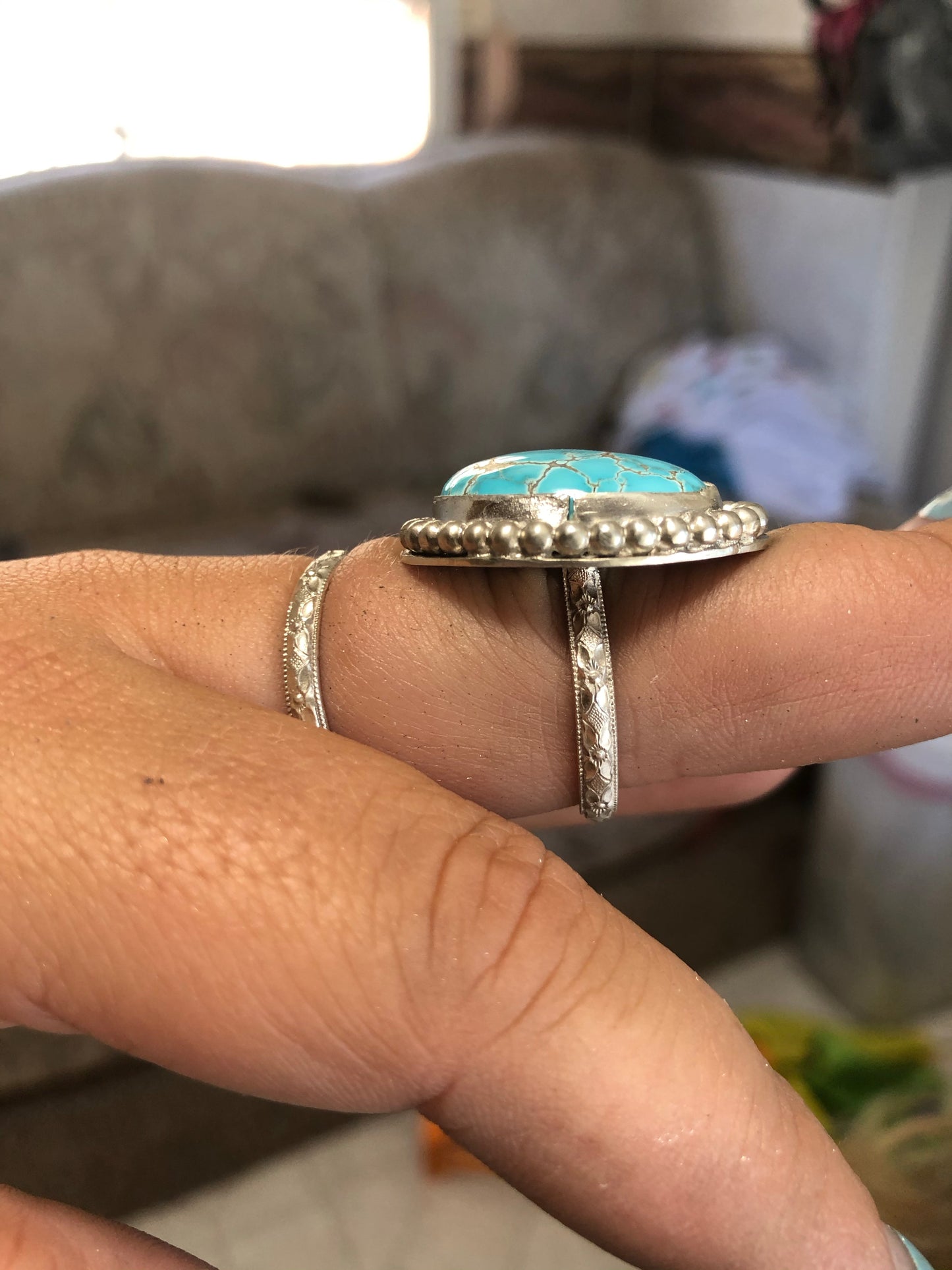 9US Nelly Thunderbird Turquoise w/ Pattern Band Sterling Silver Ring