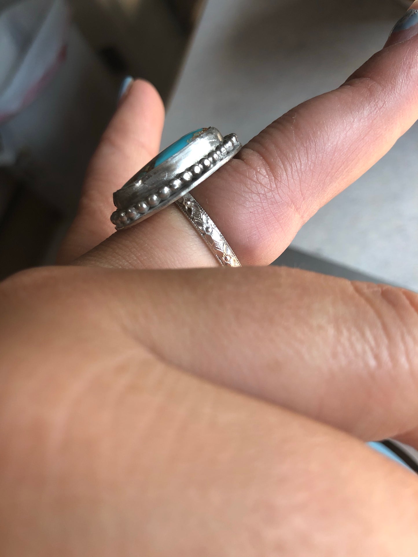 7.5US Rayn Royston Turquoise w/ Pattern Band Sterling Silver Ring