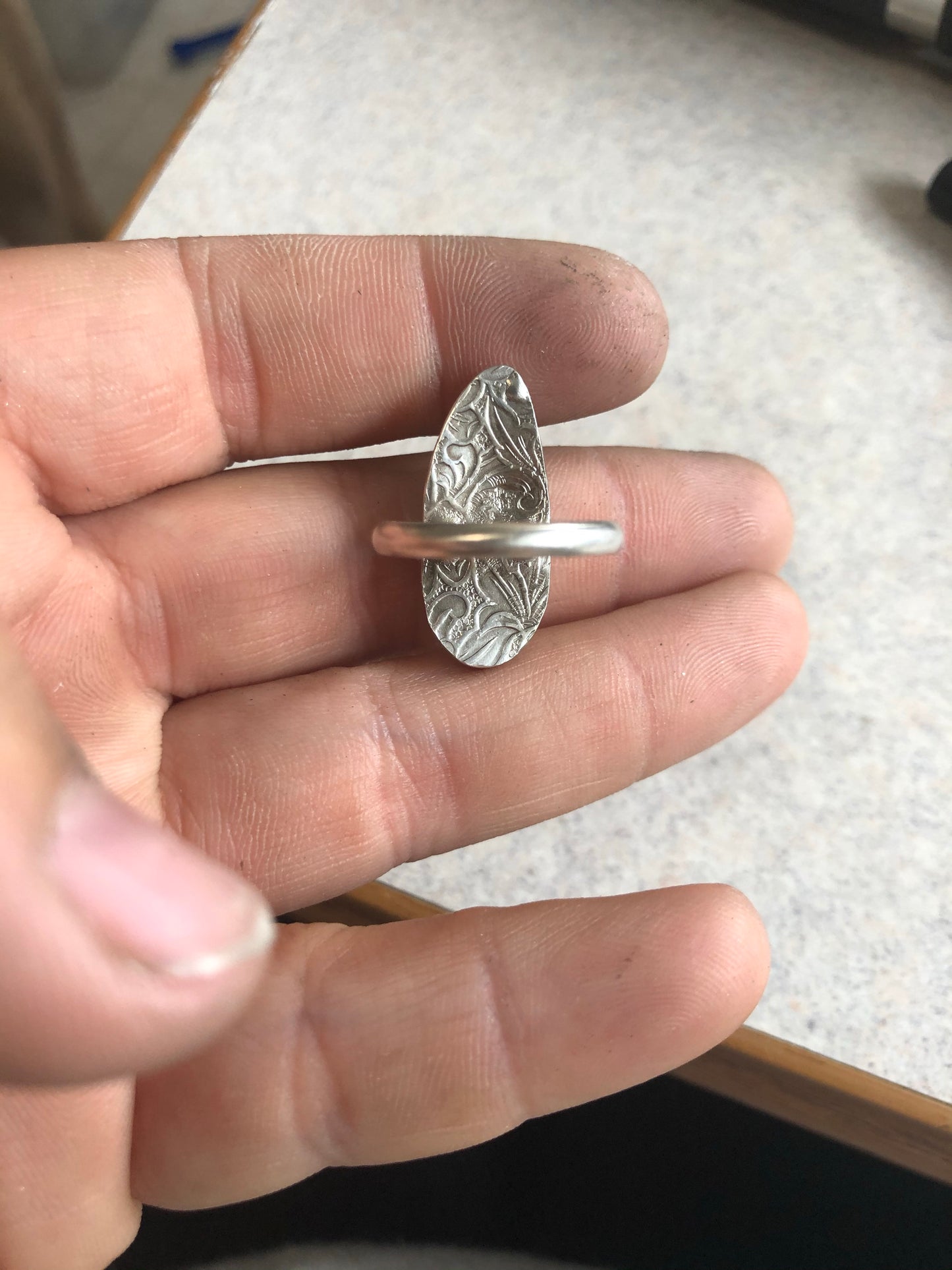 8US Teresa Thunderbird Turquoise w/ Pattern Band Sterling Silver Ring