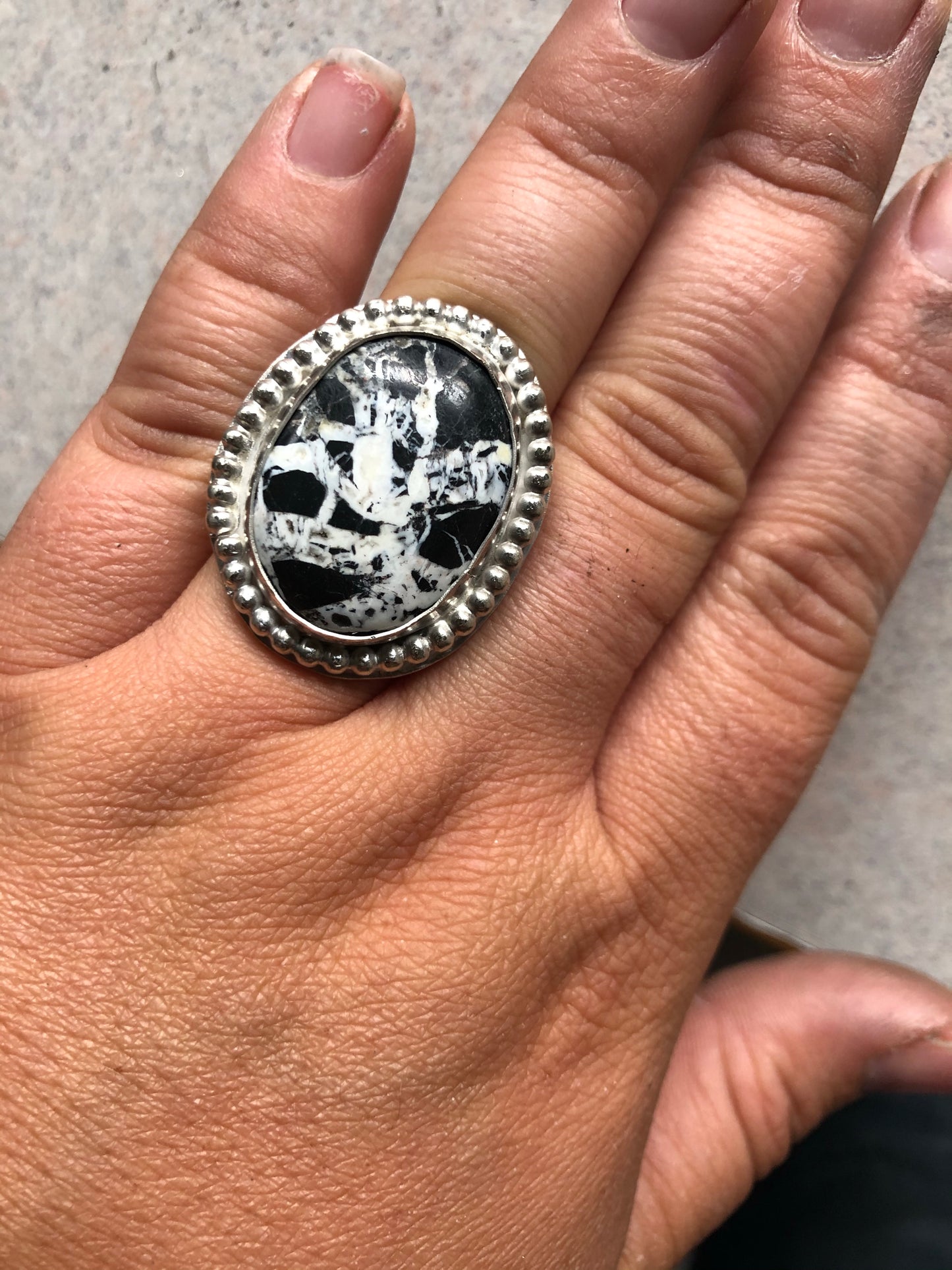 8US Jamie White Buffalo Turquoise w/ Pattern Band Sterling Silver Ring