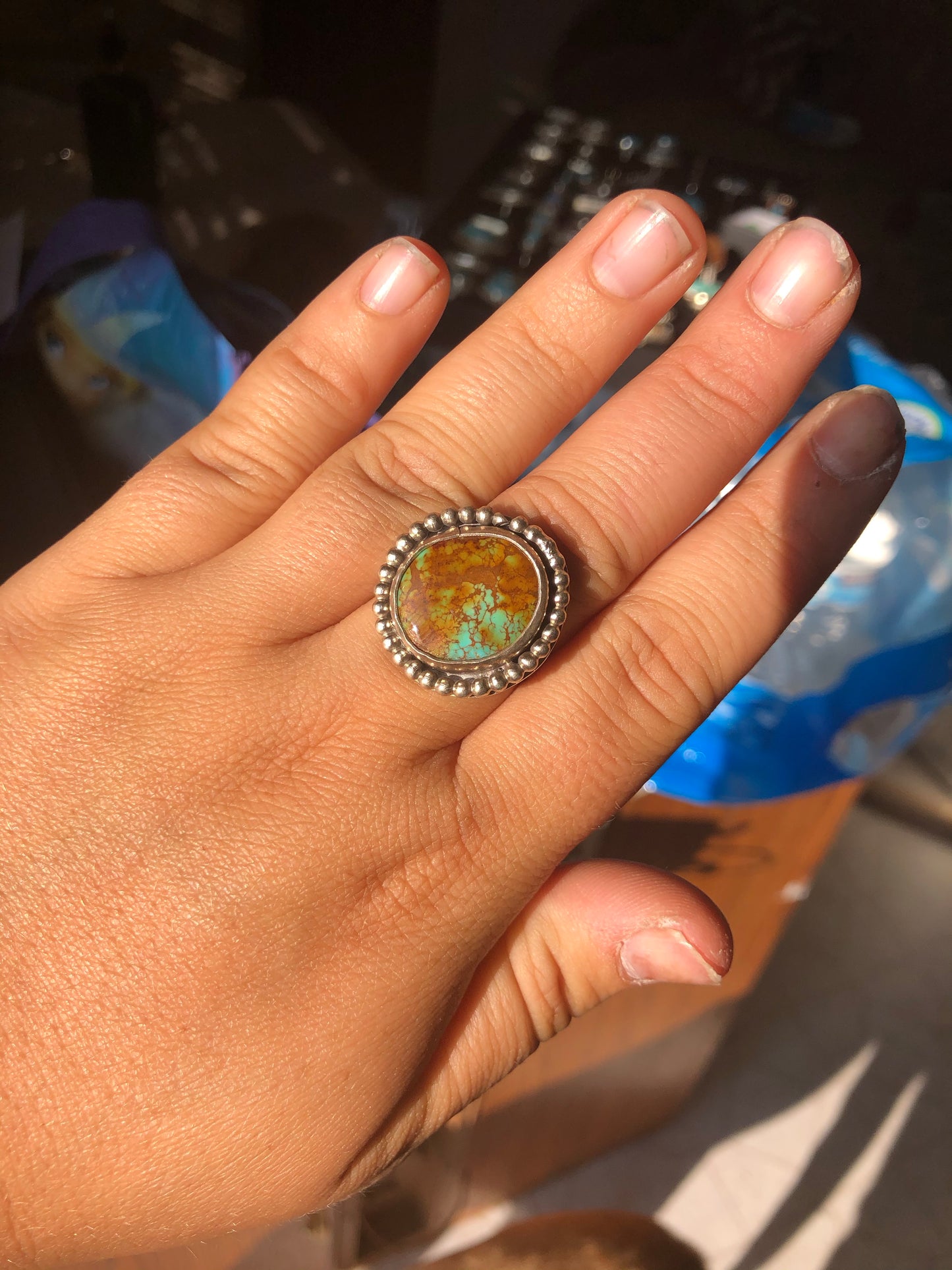 8US Torri Royston Turquoise Sterling Silver Ring with Pattern Band