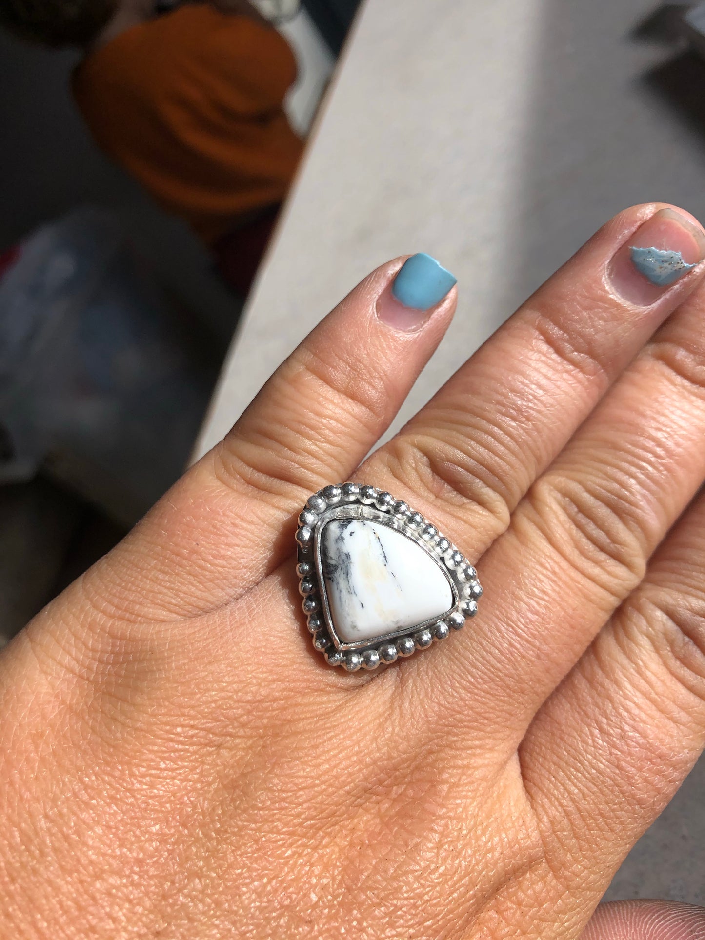 8US Miss White Buffalo Turquoise w/ Pattern Band Sterling Silver Ring