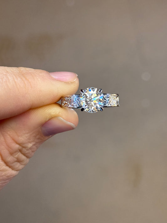 Elk Antler Round Cut Sterling Silver Engagement Ring