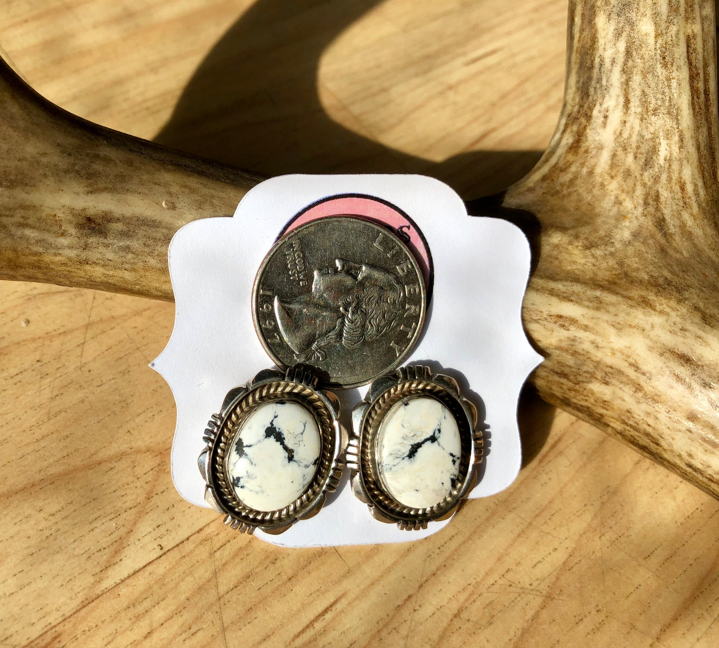 Vintage Native American White Buffalo Sterling Silver Stud Earrings