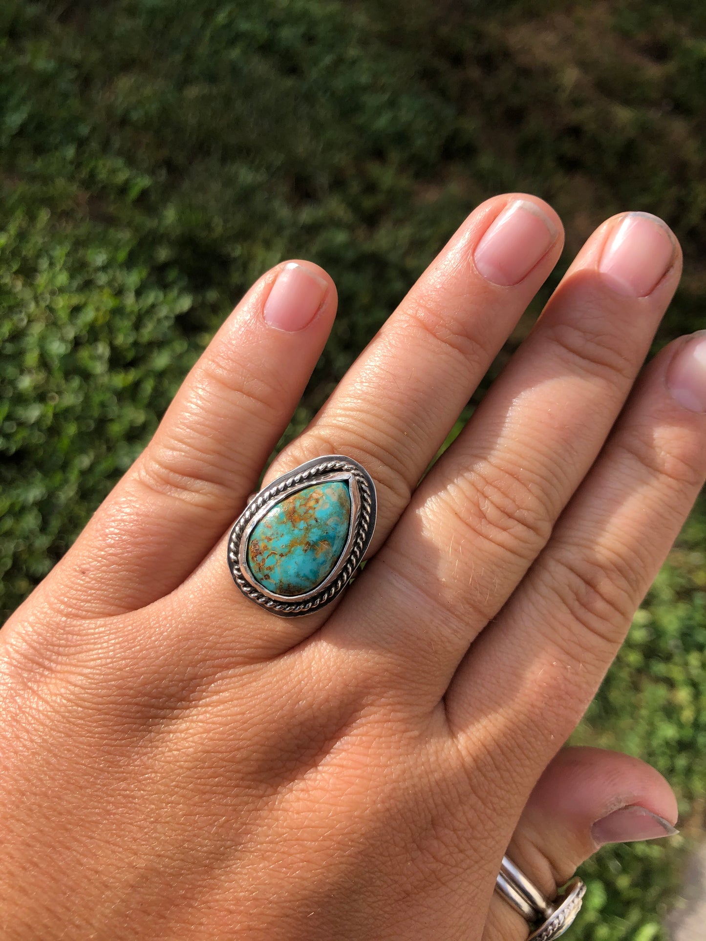 8.75US Teardrop Thunderbird Turquoise Sterling Silver Ring.