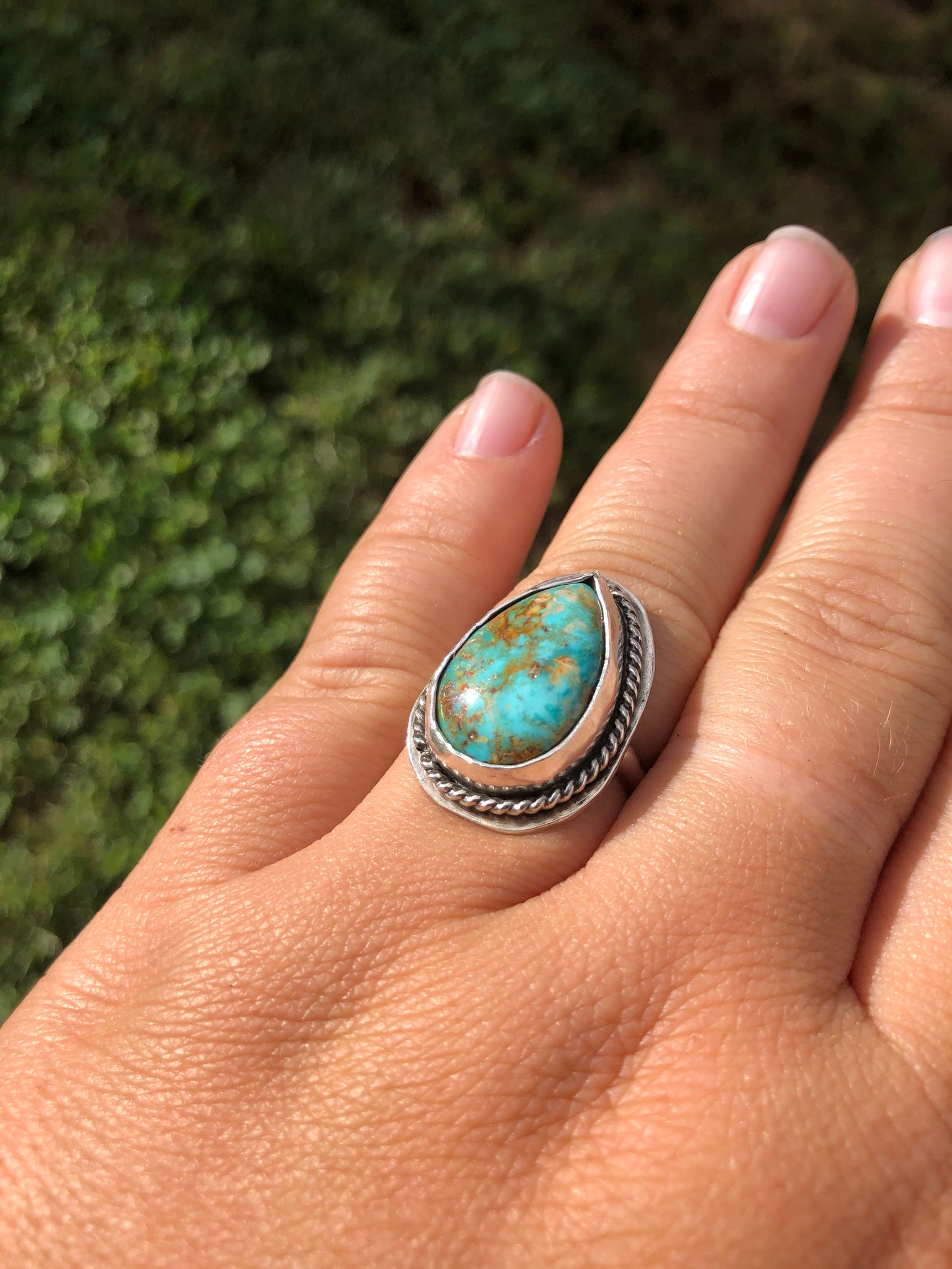 8.75US Teardrop Thunderbird Turquoise Sterling Silver Ring.