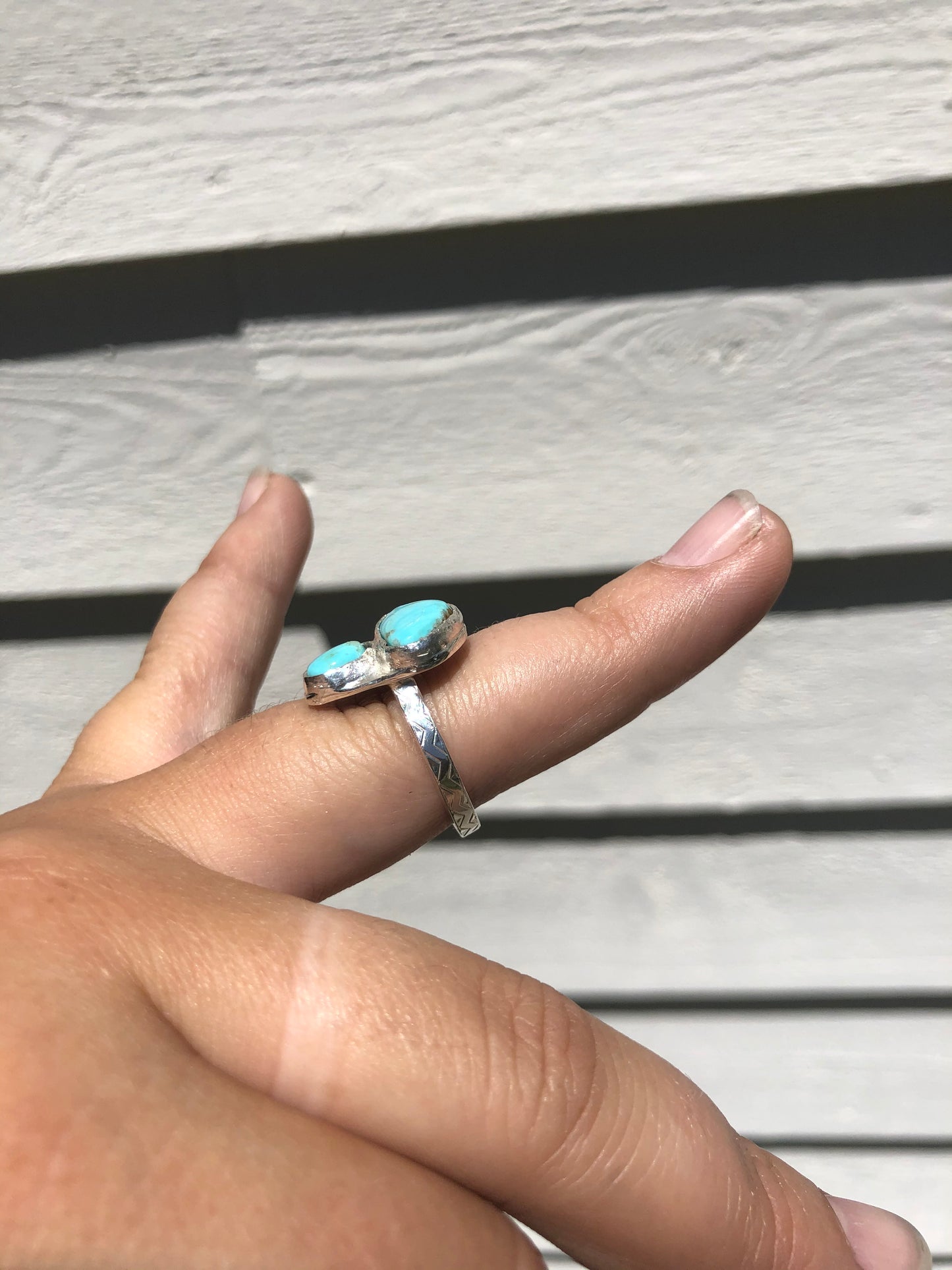 8US Arrow 2 Stone Baja Turquoise & Sterling Silver Chevron Pattern Ring