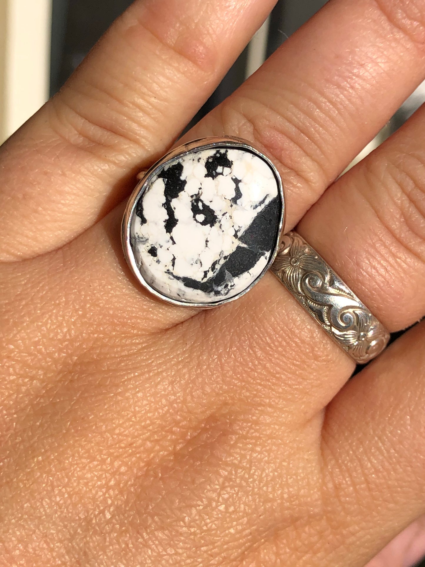 8US Twisted Cowgirl White Buffalo Turquoise Sterling Silver Ring