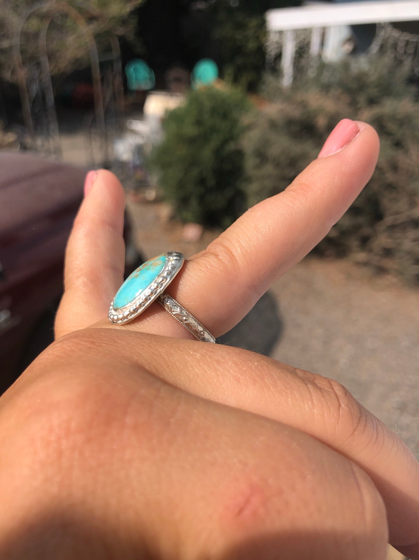 9US Benny Baja Turquoise w/ Pattern Band Sterling Silver Ring