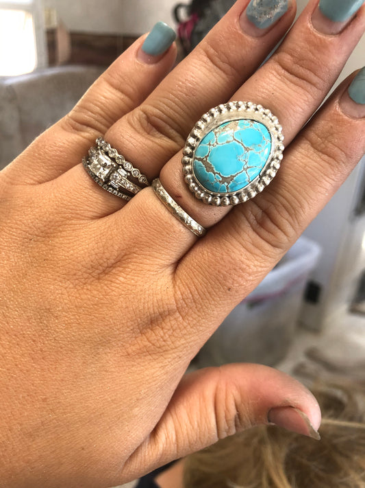 9US Nelly Thunderbird Turquoise w/ Pattern Band Sterling Silver Ring