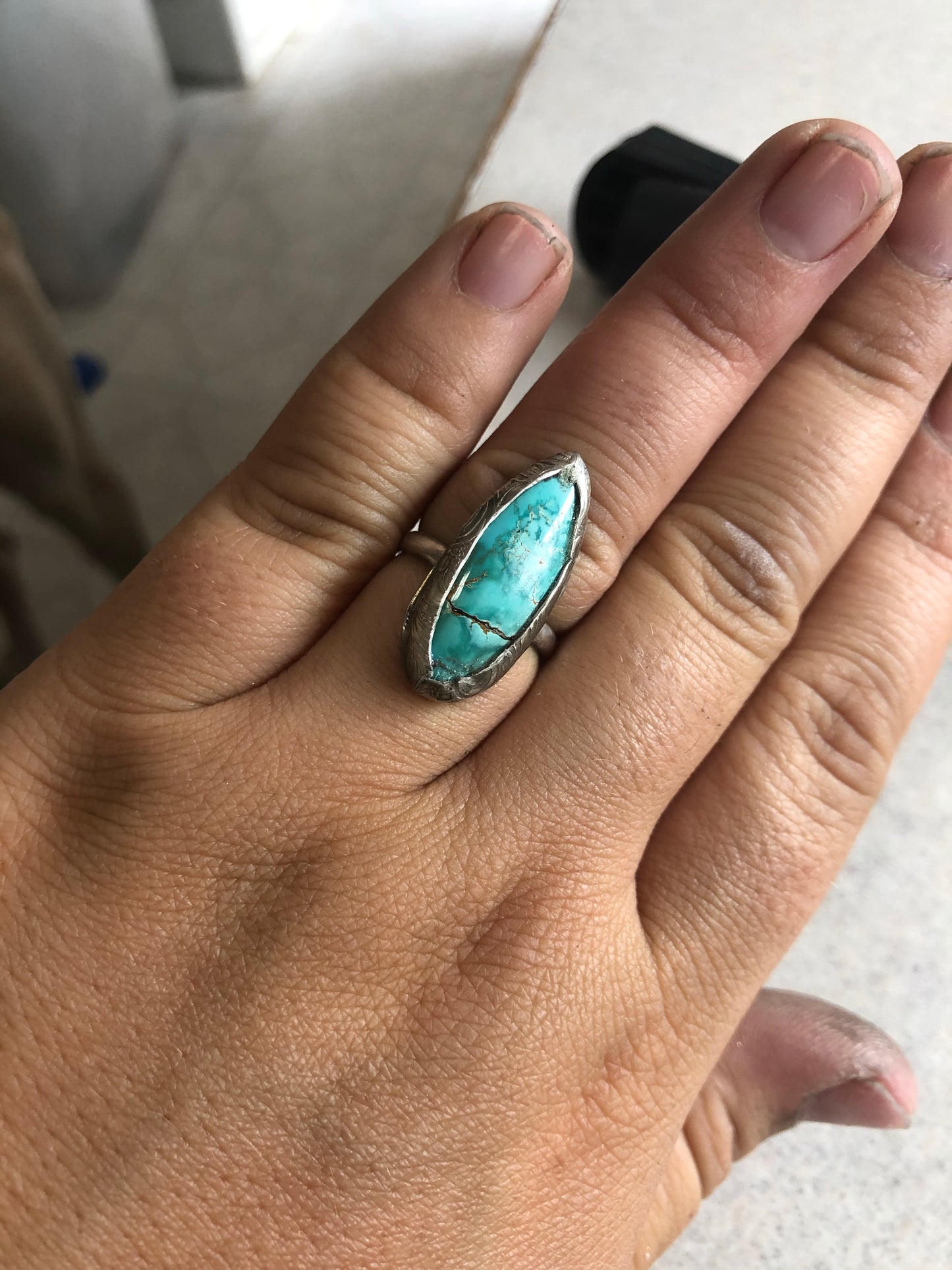 8US Teresa Thunderbird Turquoise w/ Pattern Band Sterling Silver Ring