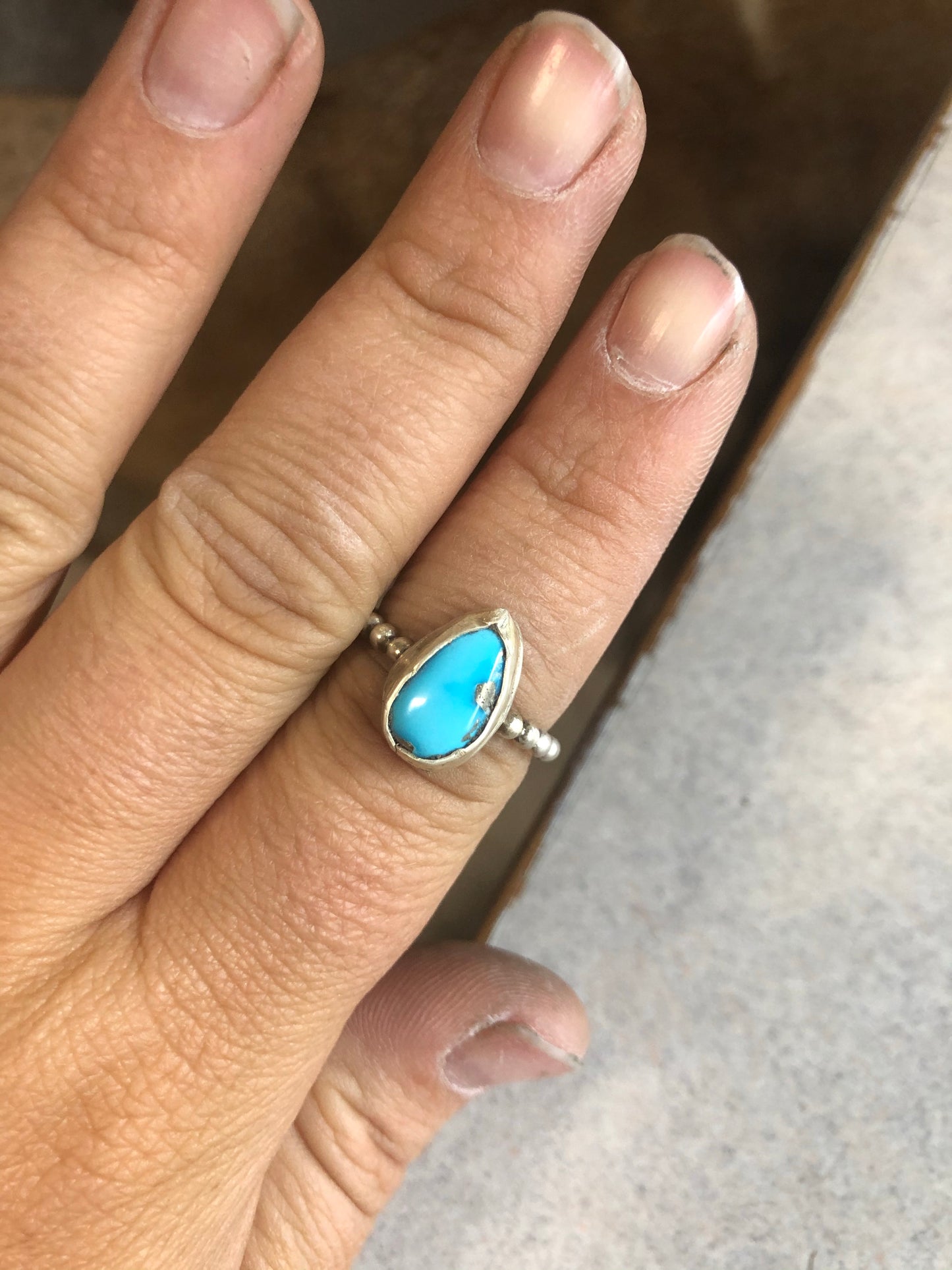 8US Cowgirl Teardrop Baja Turquoise Waylon Band Sterling Silver Ring