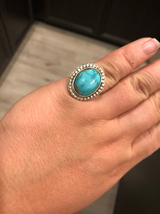 8US Wrangler Thunderbird Turquoise w/ Split Shank Sterling Silver Ring.