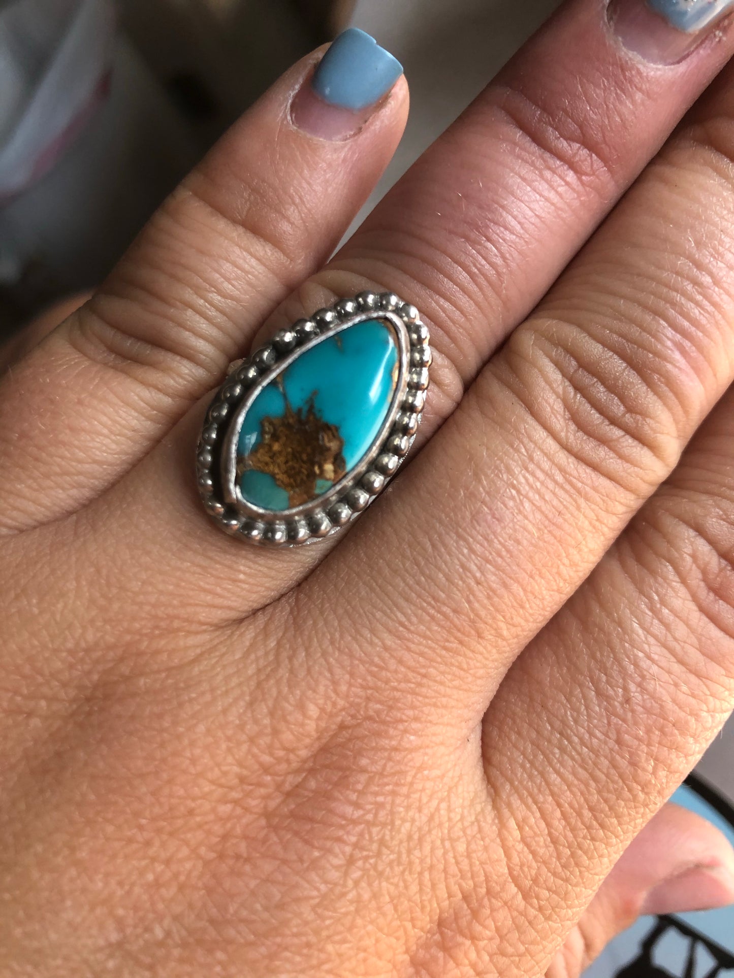 7.5US Rayn Royston Turquoise w/ Pattern Band Sterling Silver Ring