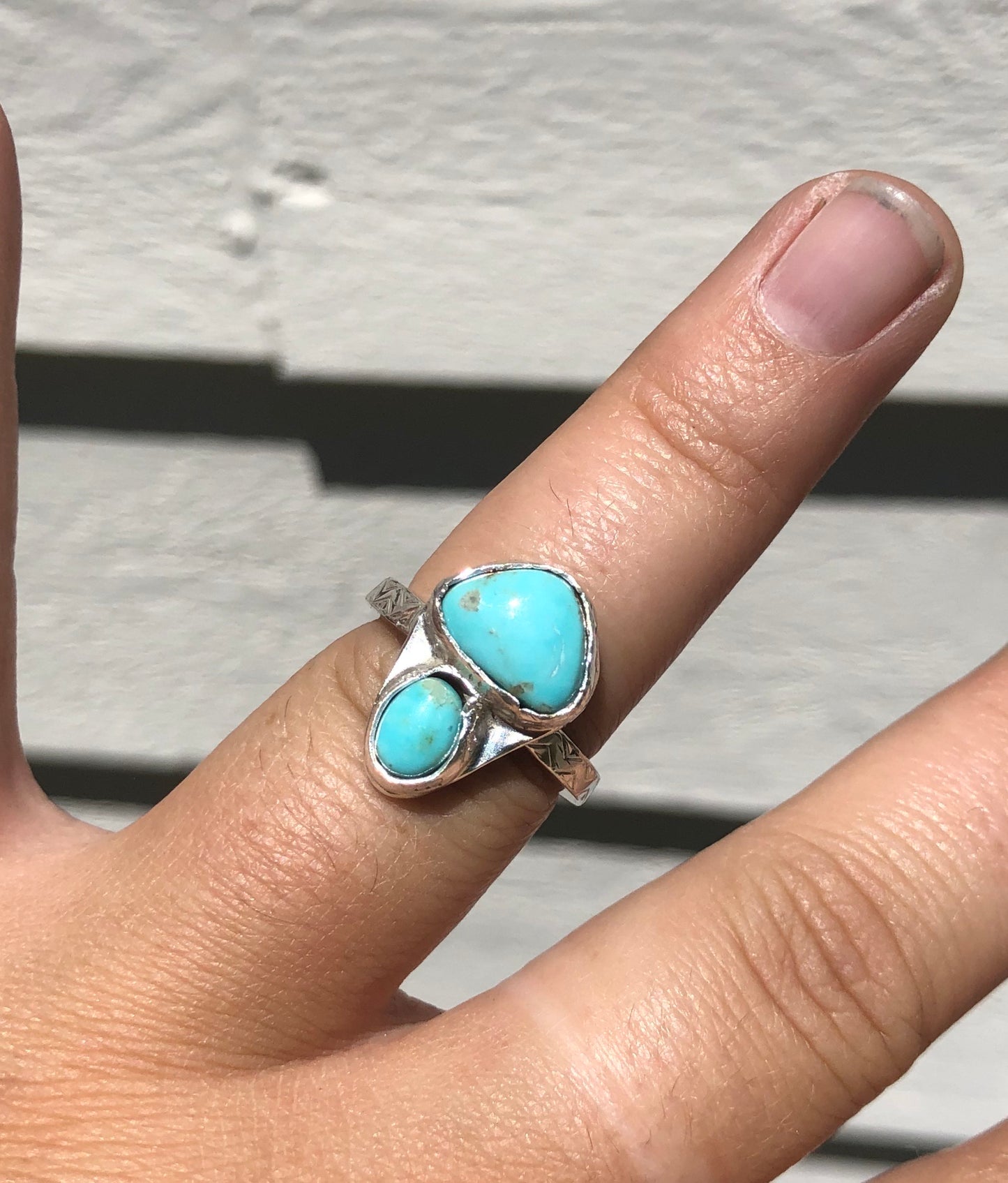 8US Arrow 2 Stone Baja Turquoise & Sterling Silver Chevron Pattern Ring