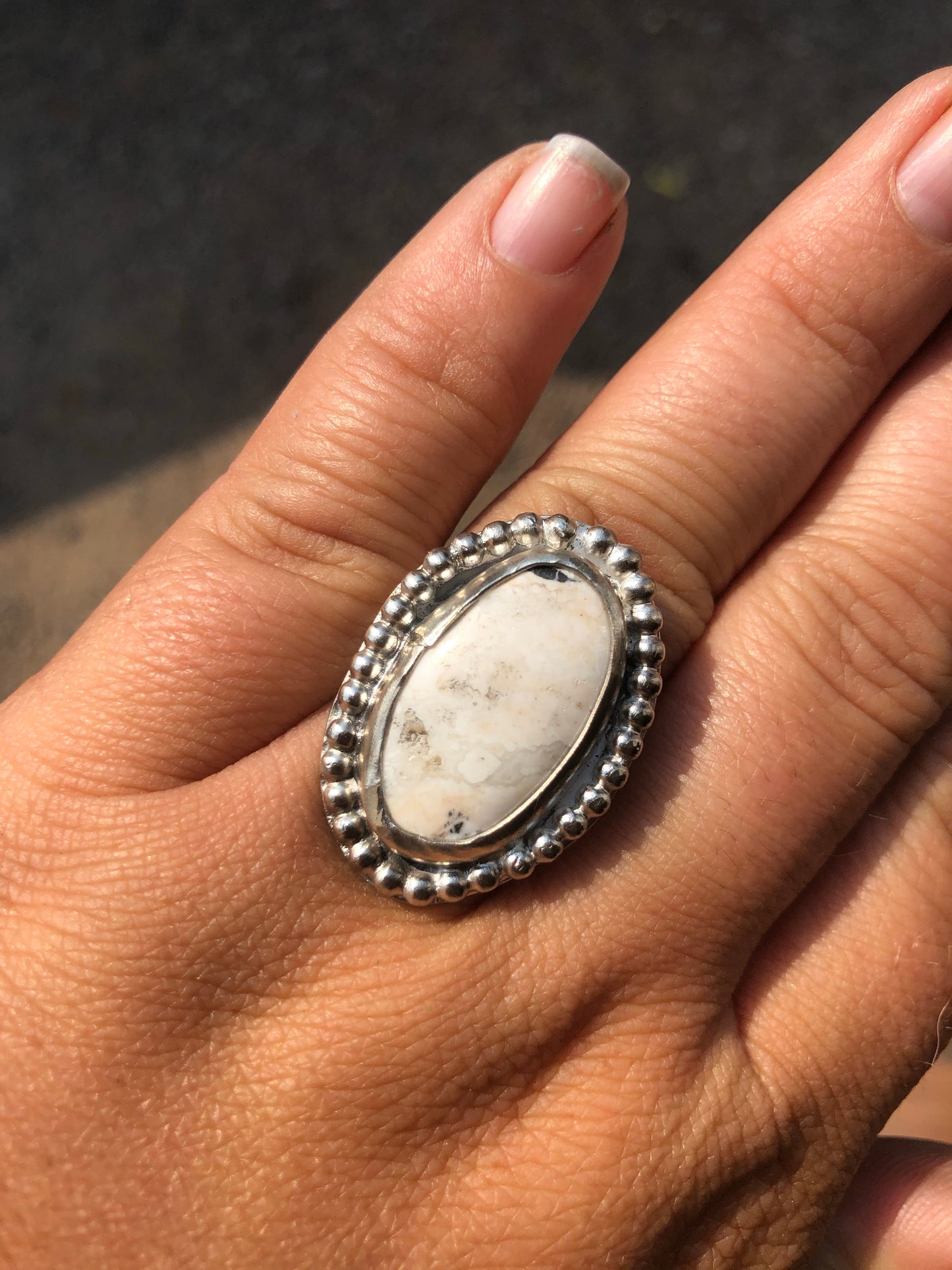 8US Missy Moo White Buffalo Turquoise  w/ Pattern Band Sterling Silver Ring