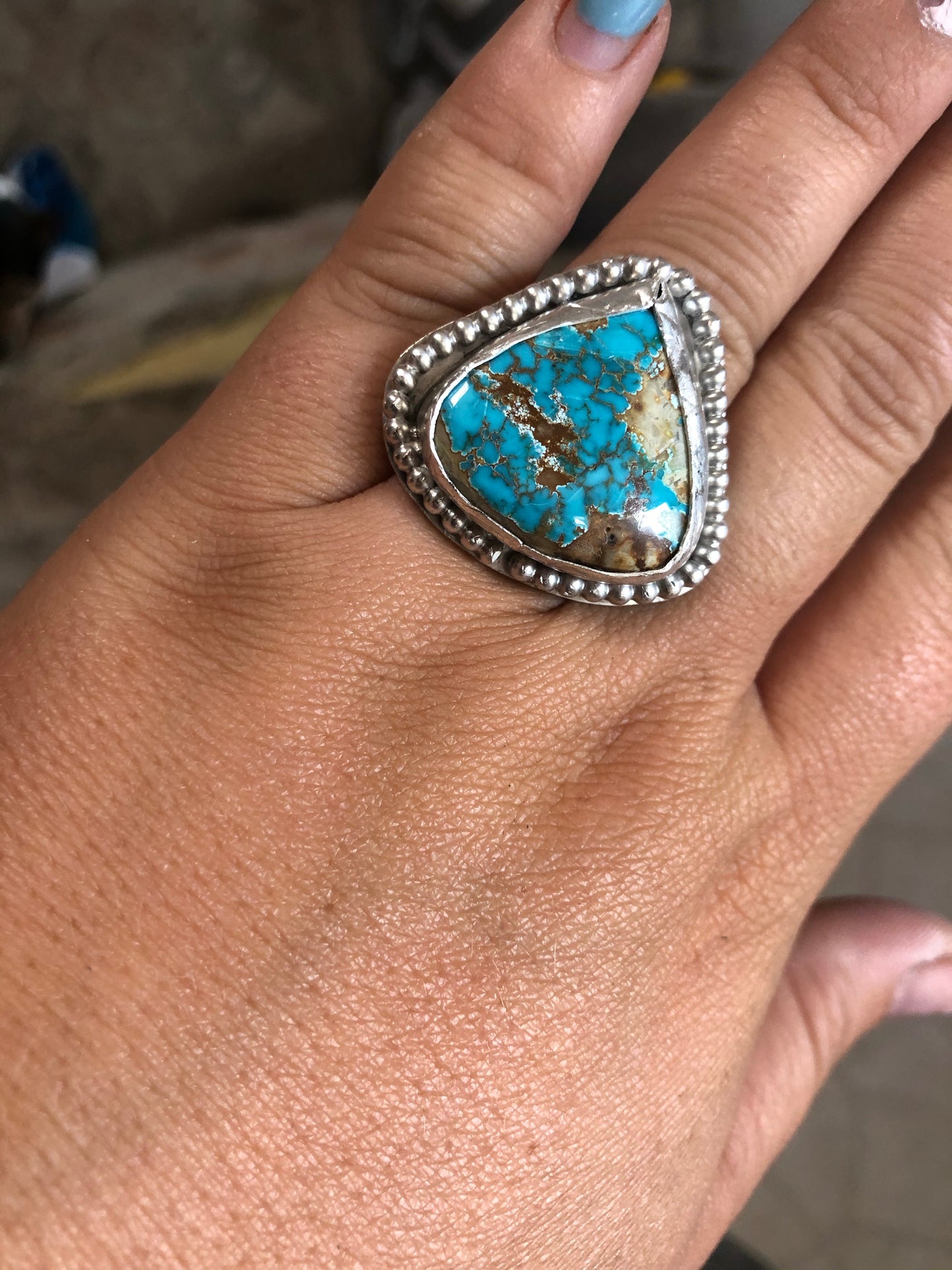 8.5US Mama Natural Royston Turquoise w/ Pattern Band Sterling Silver Ring
