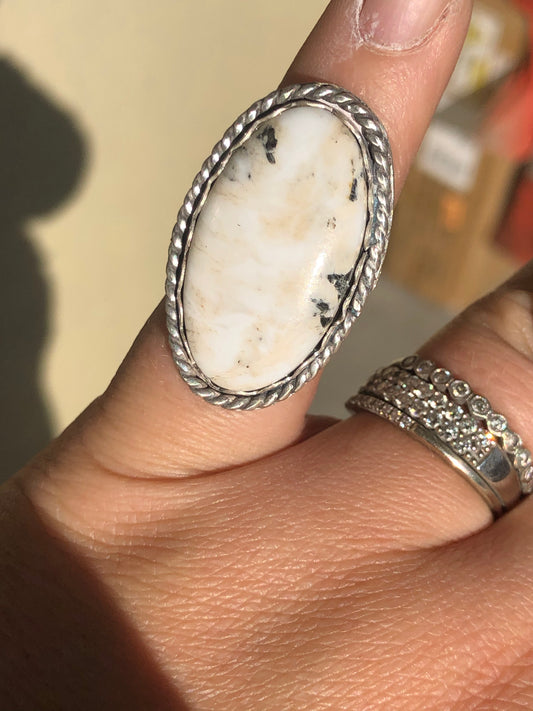 7US Mindi White Buffalo Turquoise w/ Rainy Band Sterling Silver Ring